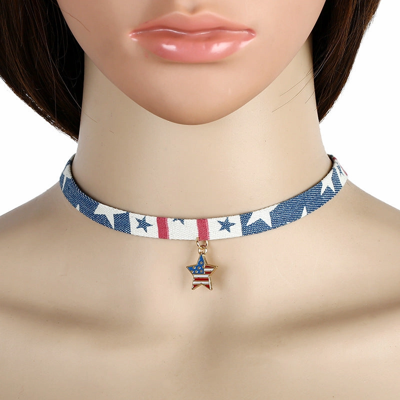 Wholesale Denim Necklace Five-Pointed Star Flag Independence Day Necklace