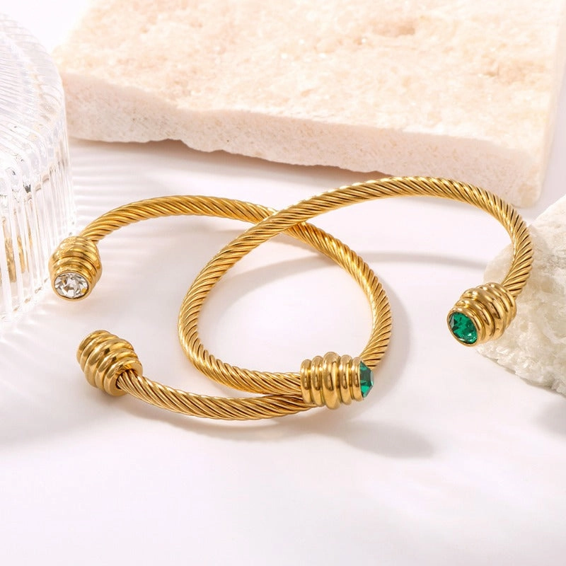 Wholesale Design Steel Bar Pattern Stainless Steel Inlaid Zircon Light Bulb Female Open Titanium Steel 118K Gold Bracelet