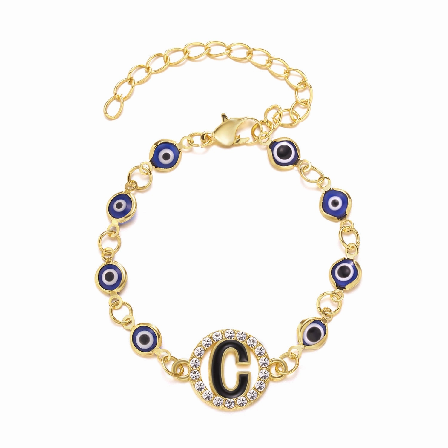 Wholesale Devil's Eye 26 Letters Rhinestone Blue Eyes Alloy Adjustable Bracelet