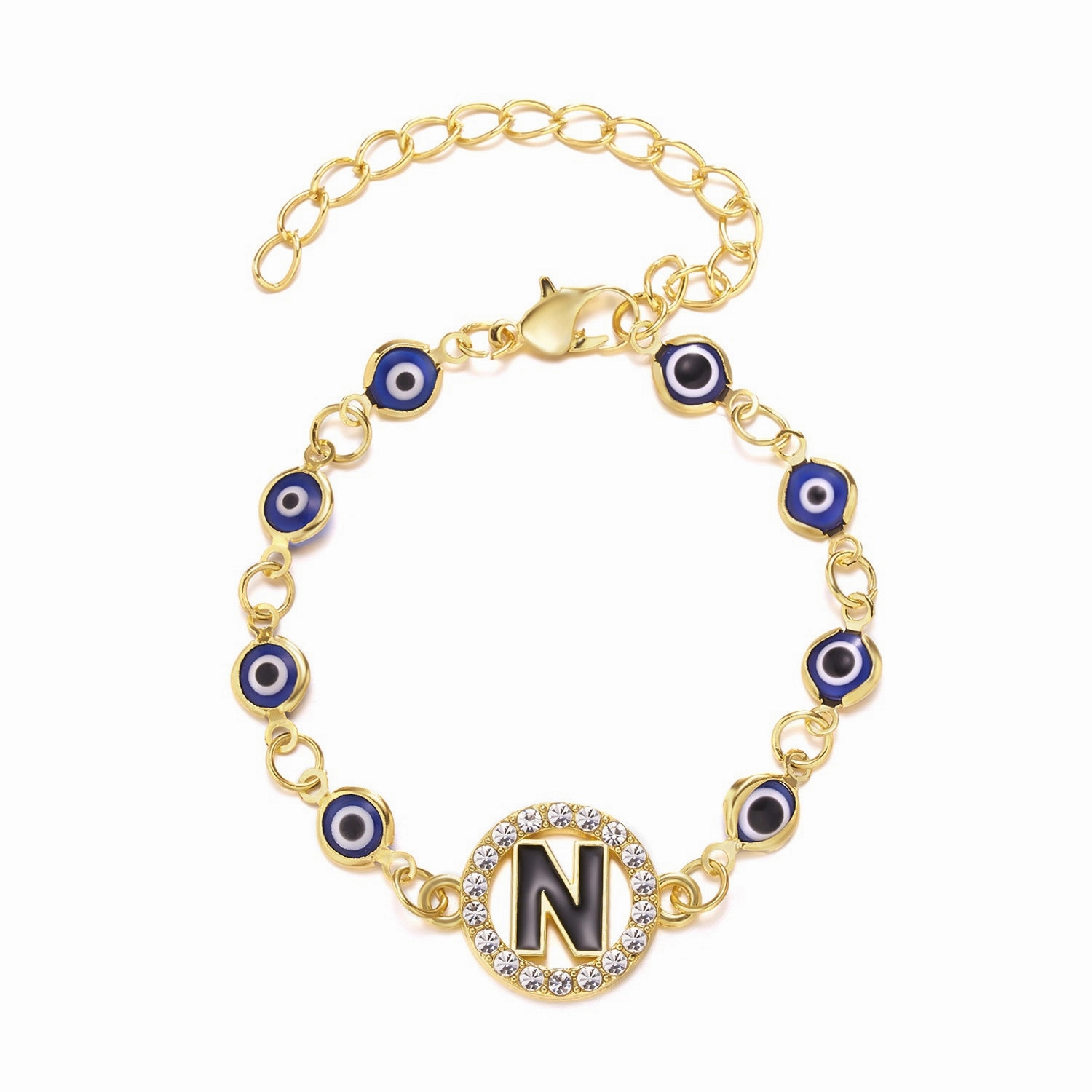 Wholesale Devil's Eye 26 Letters Rhinestone Blue Eyes Alloy Adjustable Bracelet