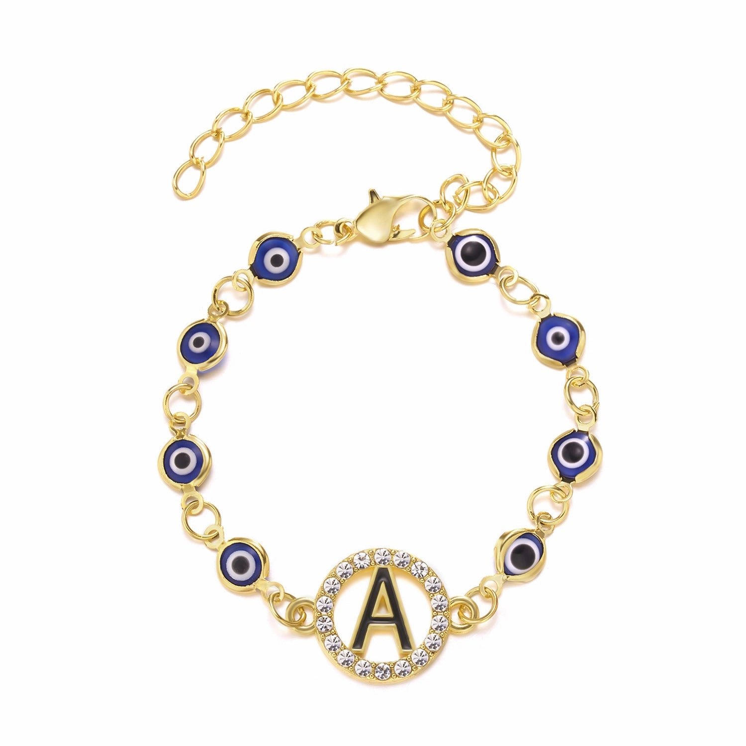 Wholesale Devil's Eye 26 Letters Rhinestone Blue Eyes Alloy Adjustable Bracelet