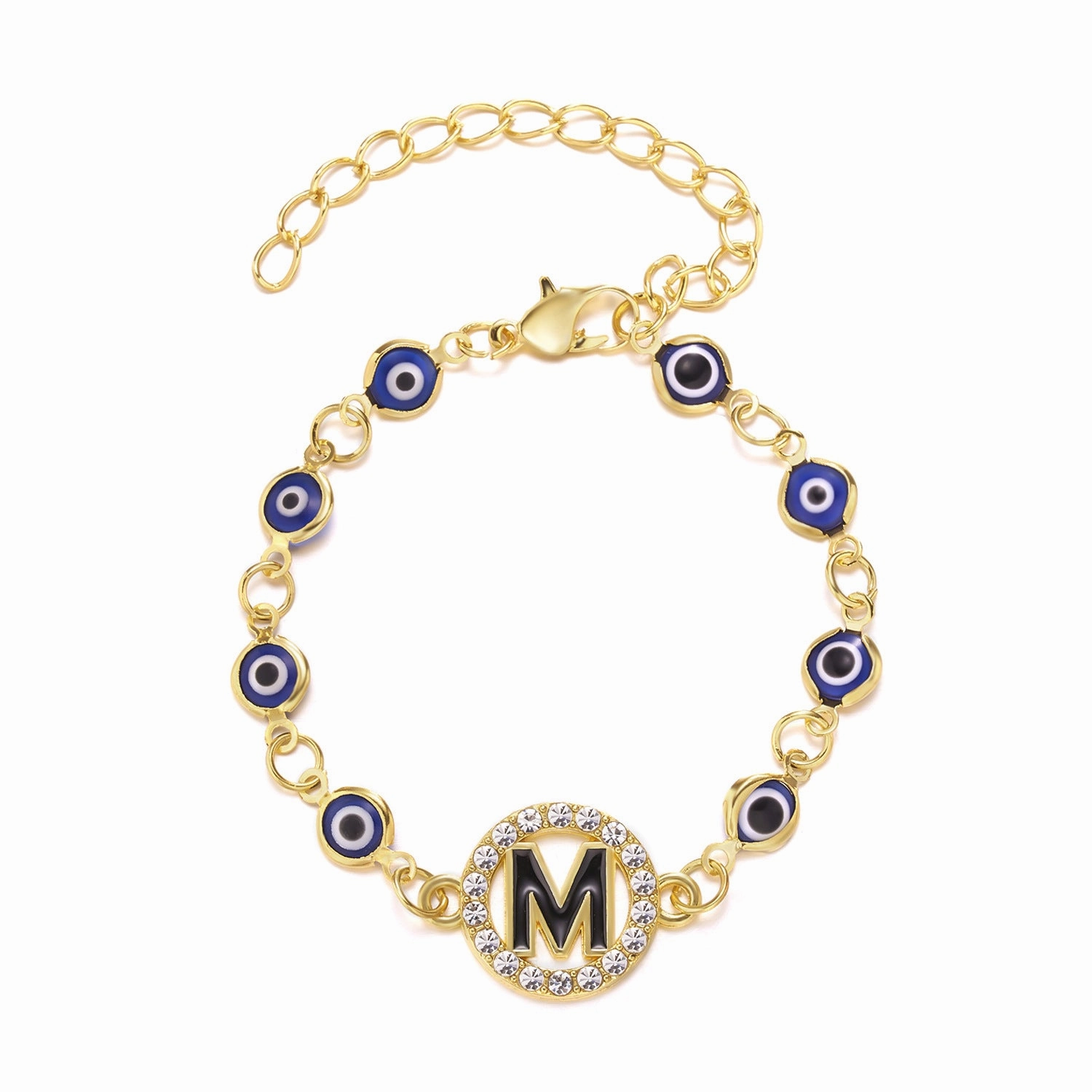 Wholesale Devil's Eye 26 Letters Rhinestone Blue Eyes Alloy Adjustable Bracelet