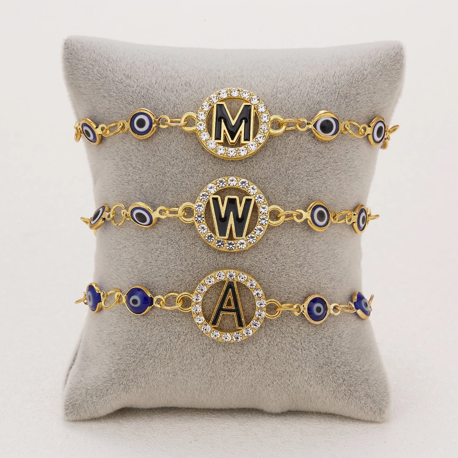Wholesale Devil's Eye 26 Letters Rhinestone Blue Eyes Alloy Adjustable Bracelet