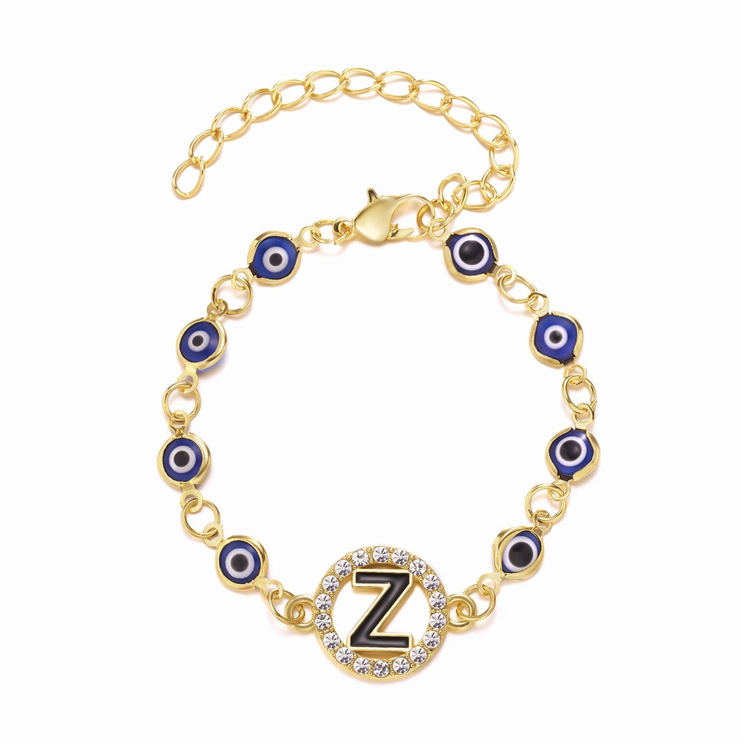 Wholesale Devil's Eye 26 Letters Rhinestone Blue Eyes Alloy Adjustable Bracelet