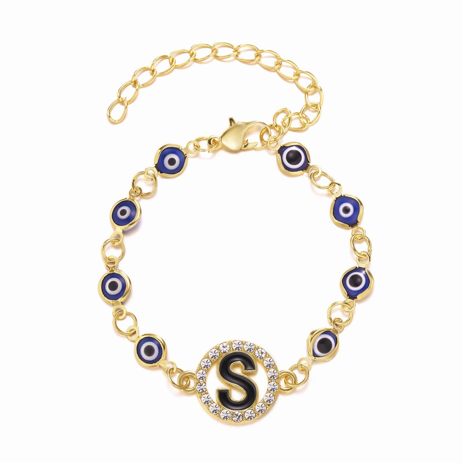 Wholesale Devil's Eye 26 Letters Rhinestone Blue Eyes Alloy Adjustable Bracelet
