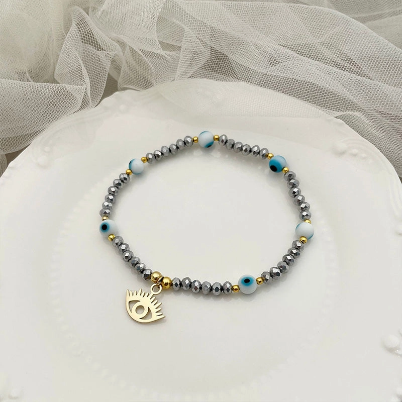 Wholesale Devil's Eye Mother of Pearl Crystal 18K Gold Titanium Steel Bracelet OLY-BT-QinL002