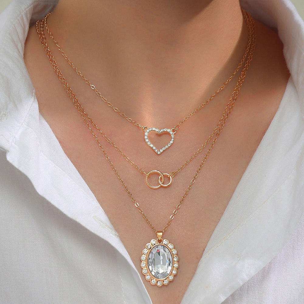 Wholesale diamond butterfly heart-shaped creative titanium steel necklace set and chain three-piece set