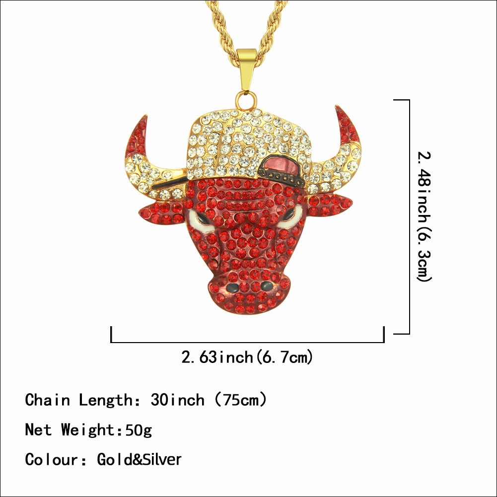 Wholesale Diamond Domineering Bull Head Pendant Accessories Punk Men's Necklace