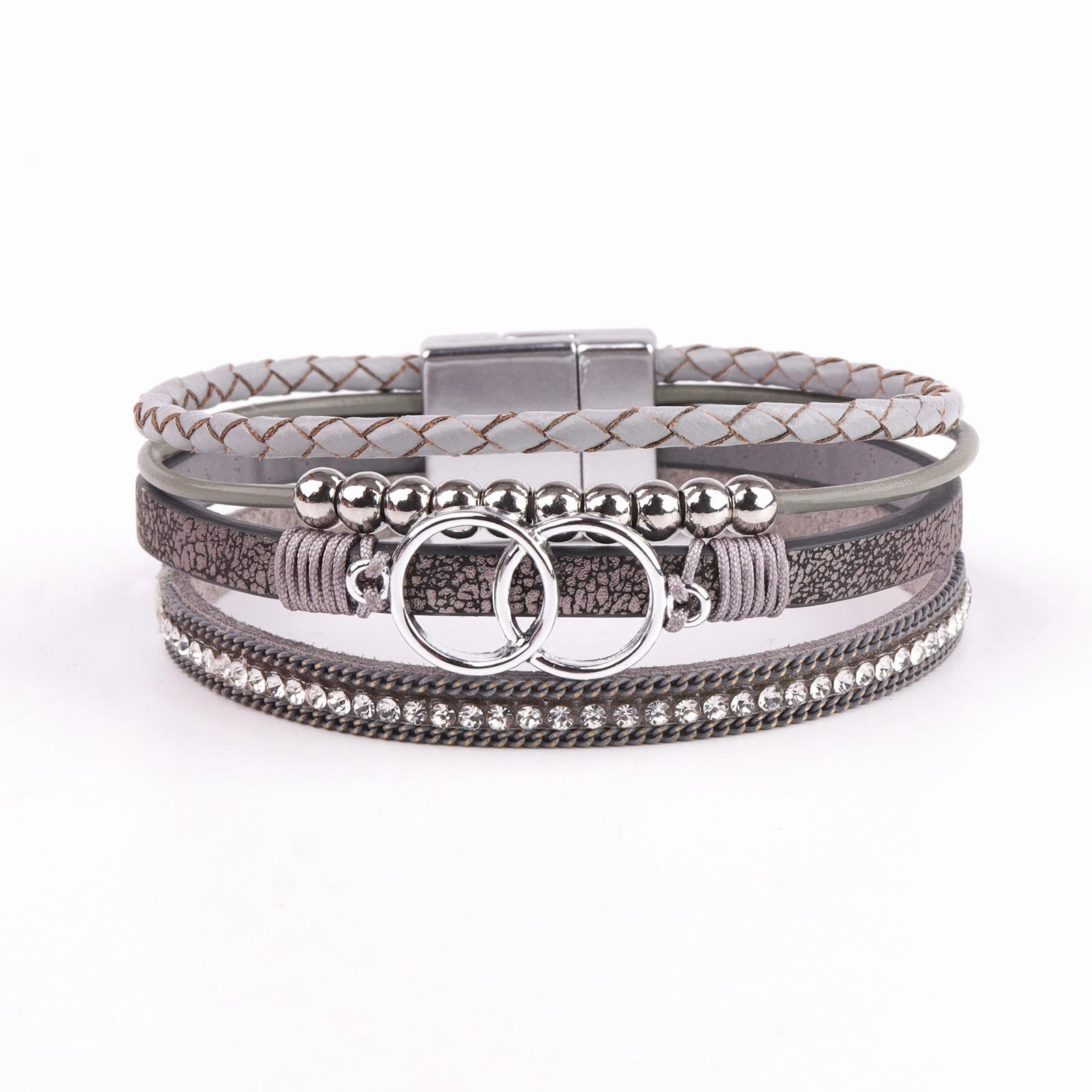 Wholesale Diamond Four Layer Braided Leather Bohemian Bracelet