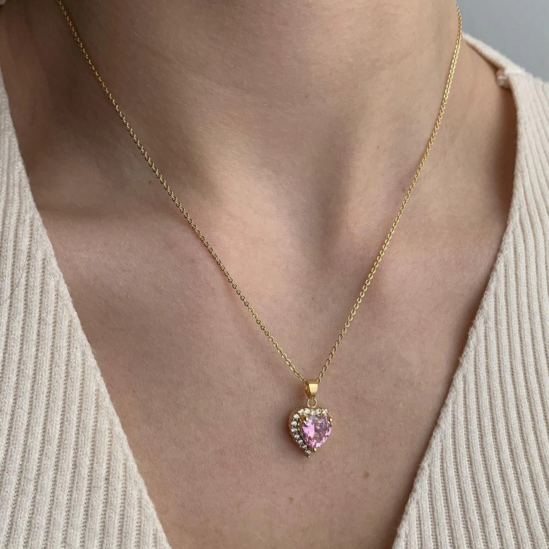 Wholesale Diamond Heart Pendant Copper Plated Real Gold Zircon Necklaces