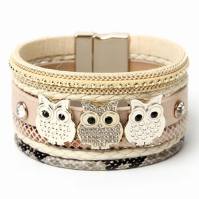 Wholesale Diamond Magnetic Buckle Creative Owl Decorated Bohemian Leather Bracelet