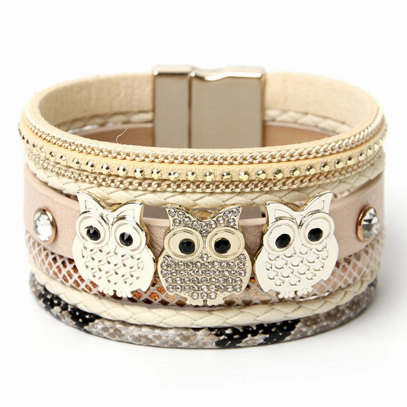 Wholesale Diamond Magnetic Buckle Creative Owl Decorated Bohemian Leather Bracelet