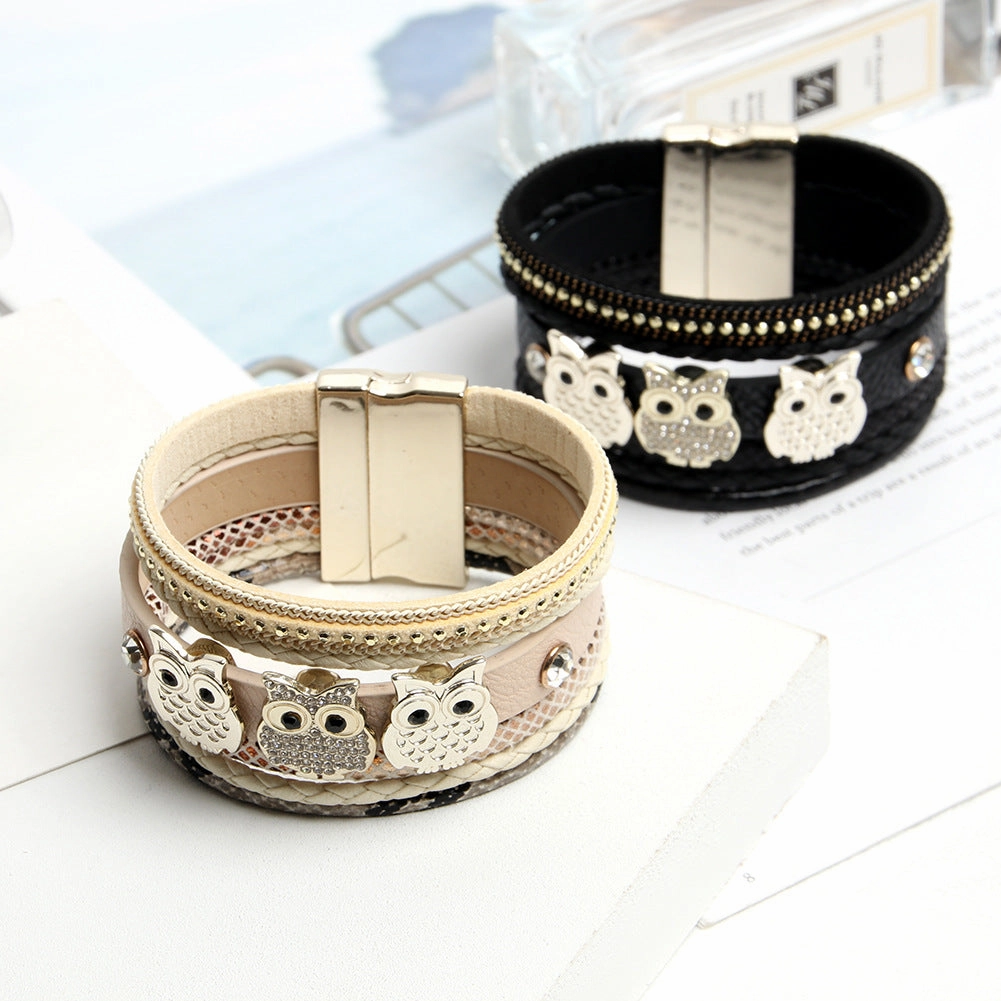 Wholesale Diamond Magnetic Buckle Creative Owl Decorated Bohemian Leather Bracelet