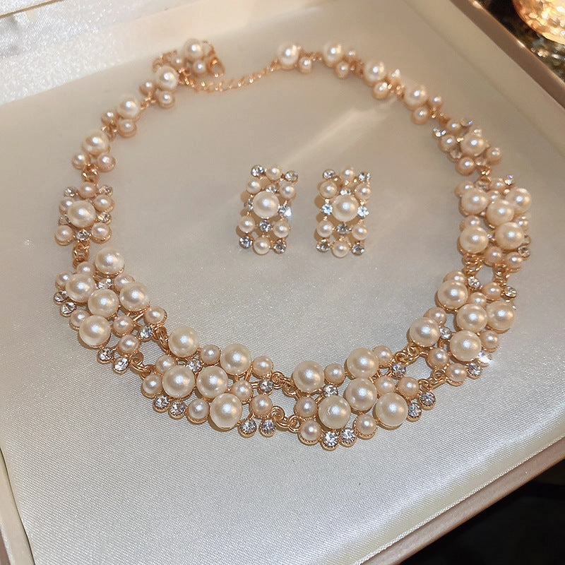 Wholesale Diamond Pearl Rectangular Earrings and Necklace Vintage Set