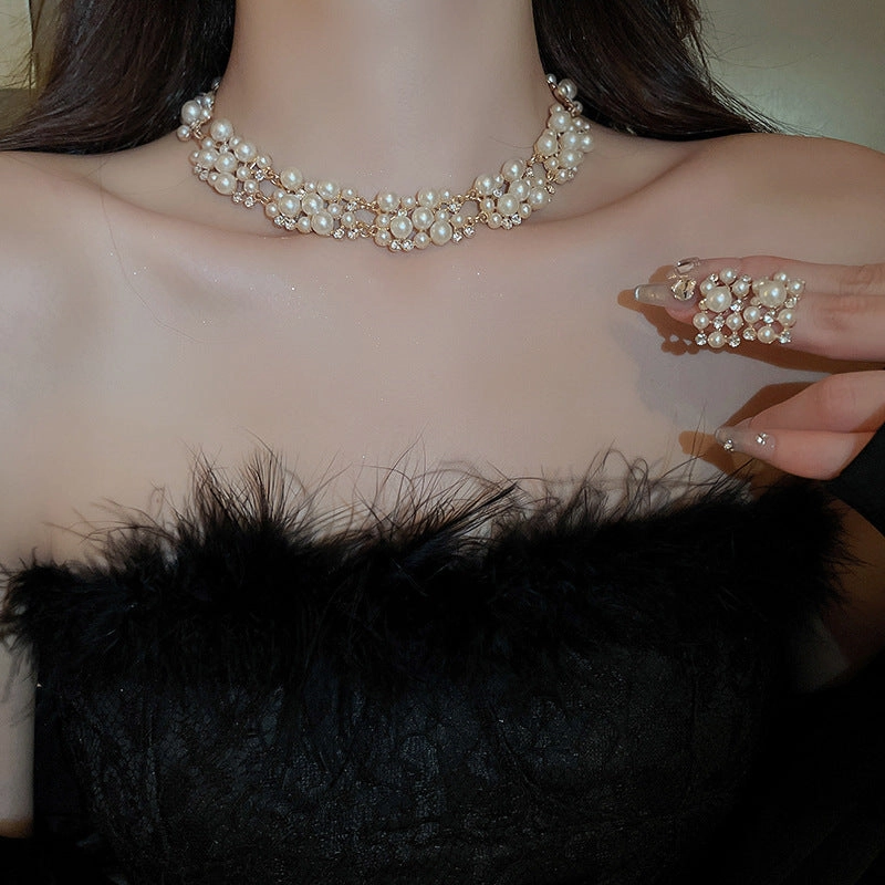 Wholesale Diamond Pearl Rectangular Earrings and Necklace Vintage Set