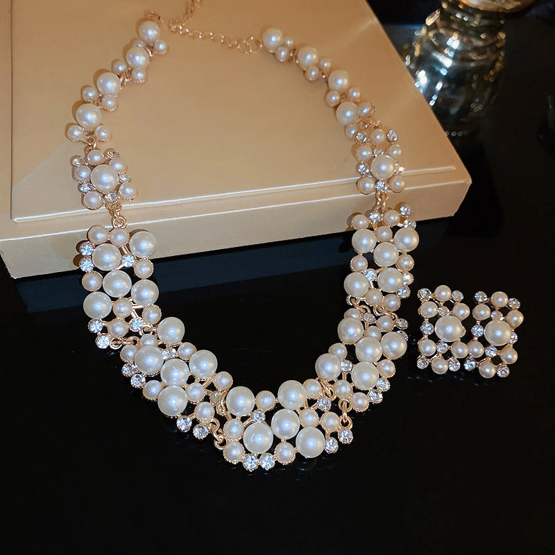 Wholesale Diamond Pearl Rectangular Earrings and Necklace Vintage Set