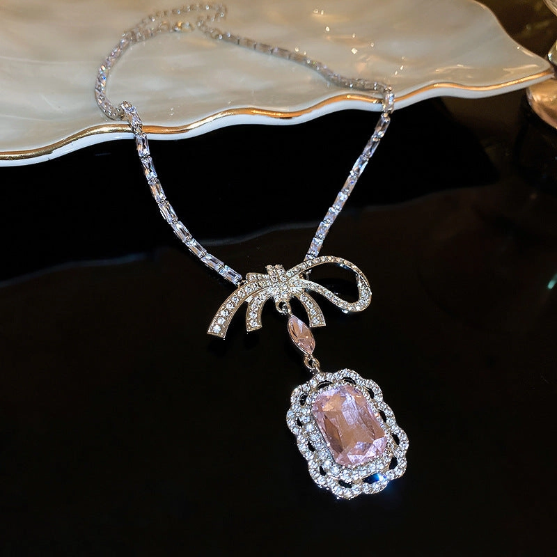 Wholesale Diamond Zirconia Square Bow Earrings and Necklace Set