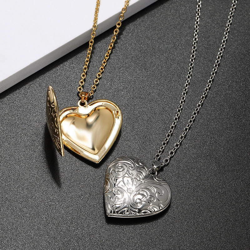 Wholesale Diy Accessories Photo Box Heart-shaped Engraved Pattern Openable Pendant Necklace