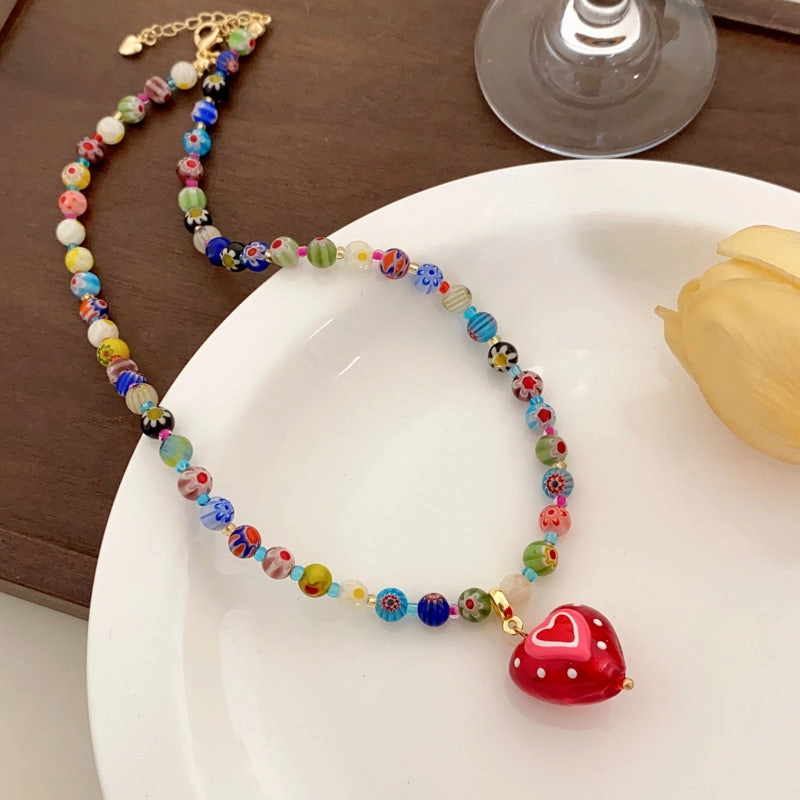 Wholesale Dopamine Color Beaded Red Heart Necklace