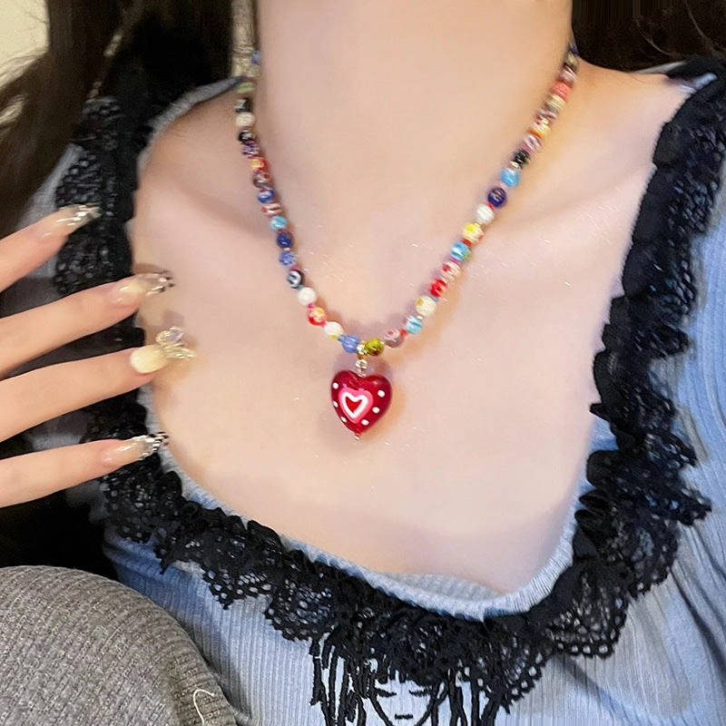 Wholesale Dopamine Color Beaded Red Heart Necklace