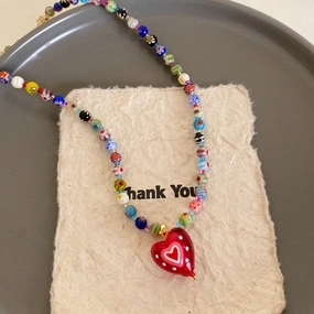 Wholesale Dopamine Color Beaded Red Heart Necklace