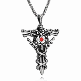 Wholesale Double Dragon Sword Titanium Steel Retro Punk Cross Necklace