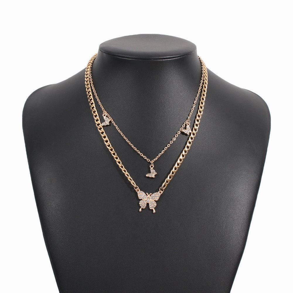 Wholesale Double Layer Butterfly Diamond Creative Necklace