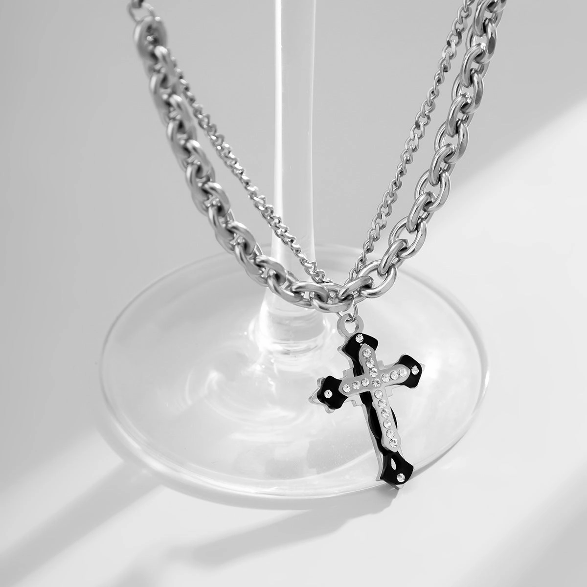 Wholesale Double Layer Diamond Cross Titanium Steel Necklace
