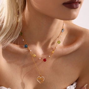 Wholesale Double Layer Dopamine Natural Stone Heart-Shaped Letter Clavicle Necklace