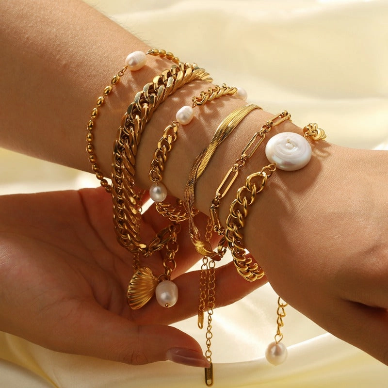 Wholesale Double Layer Flat Snake Pearl Style Gold Plated Shell Cuban Chain Bracelet