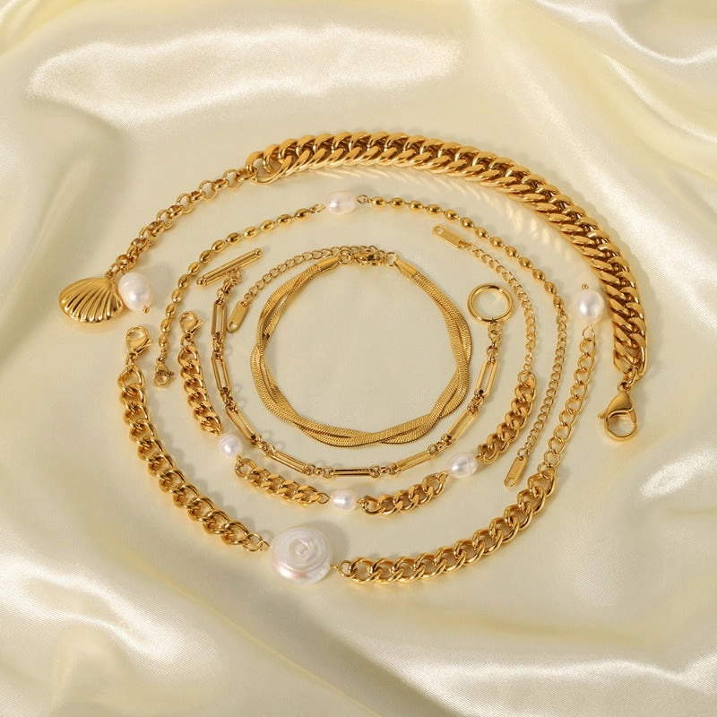 Wholesale Double Layer Flat Snake Pearl Style Gold Plated Shell Cuban Chain Bracelet