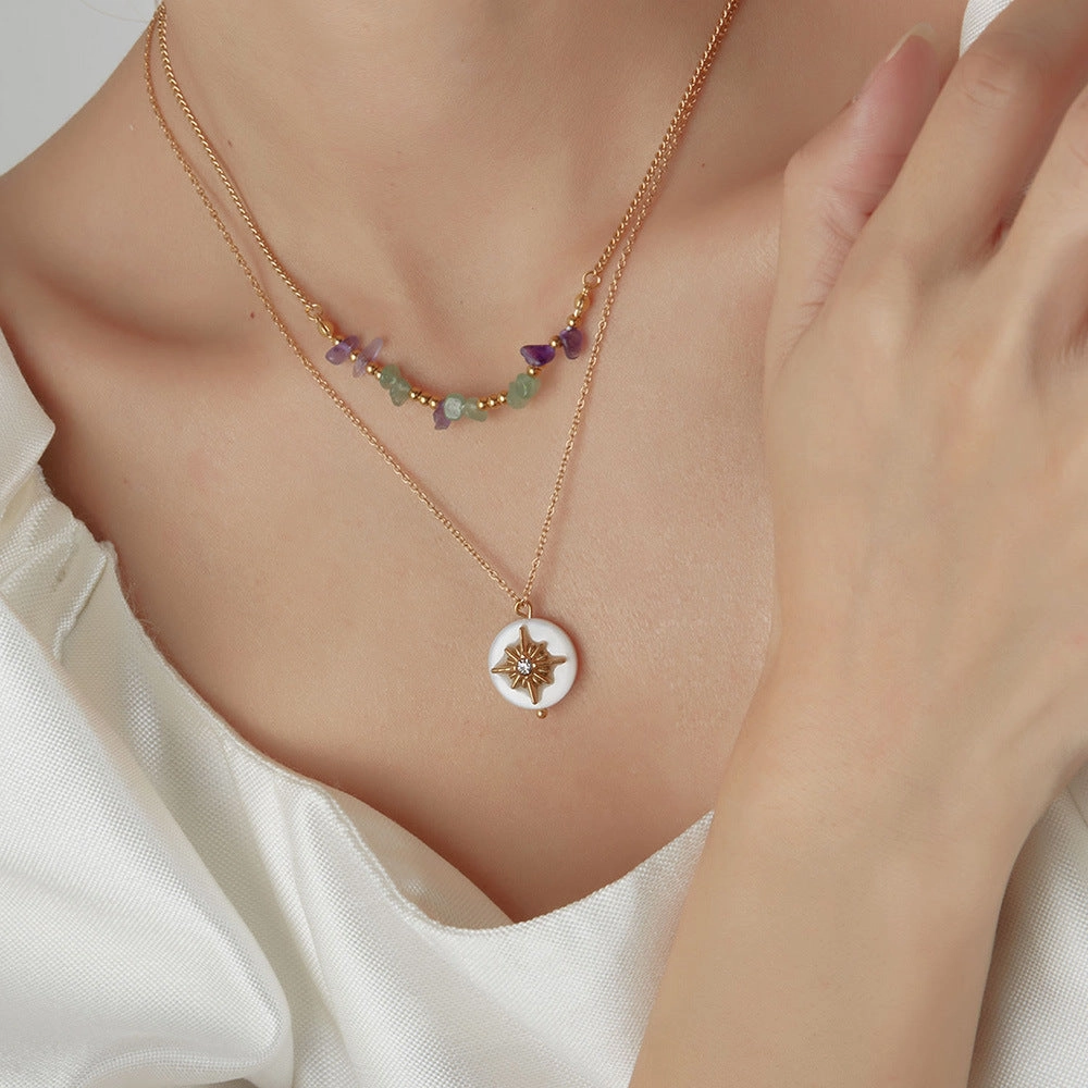 Wholesale Double Layer Natural Stone Mother-of-pearl Eight-pointed Star Stainless Steel Necklace