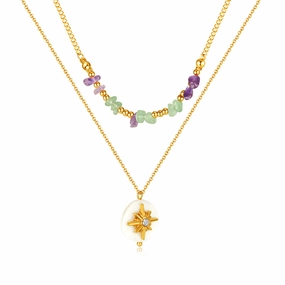 Wholesale Double Layer Natural Stone Mother-of-pearl Eight-pointed Star Stainless Steel Necklace