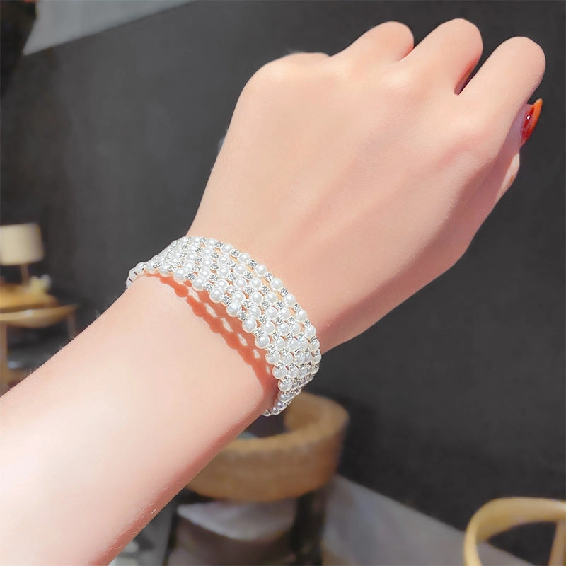 Wholesale Double-layer Pearl Rhinestone Bracelets