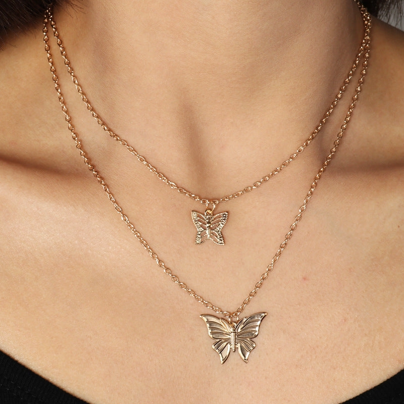 Wholesale Double Layer Stacked Butterfly Necklace