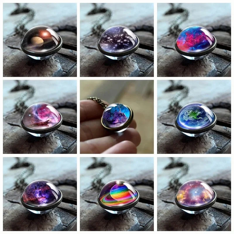 Wholesale double-sided glass ball solar system cosmic star necklace