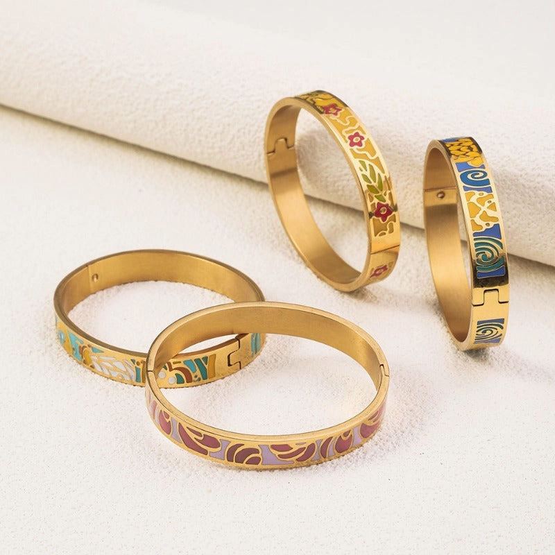 Wholesale Drop Glazed Enamel Wide Edged Patterned Stainless Steel 18k Genuine Gold Electroplated Titanium Steel Bracelet