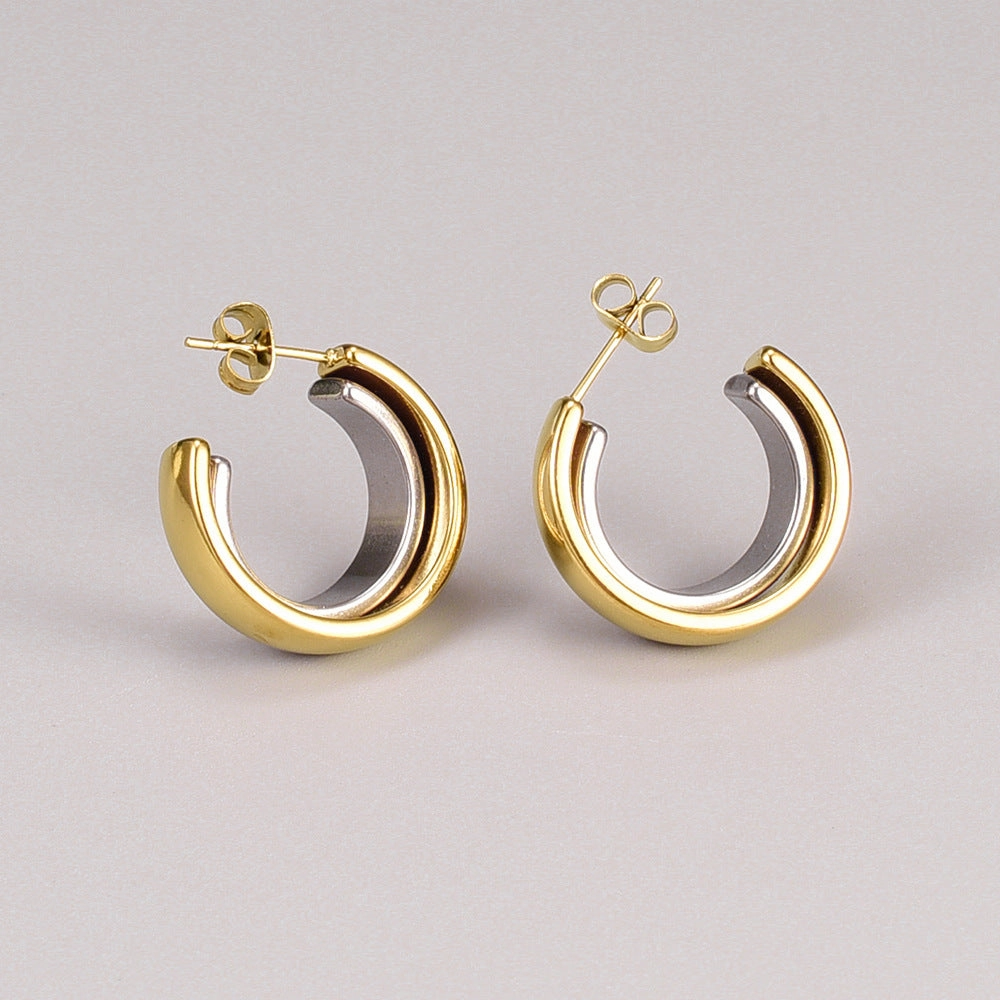 Wholesale Dual Color Overlapping Splicing Double Ring Gold-plated Earrings