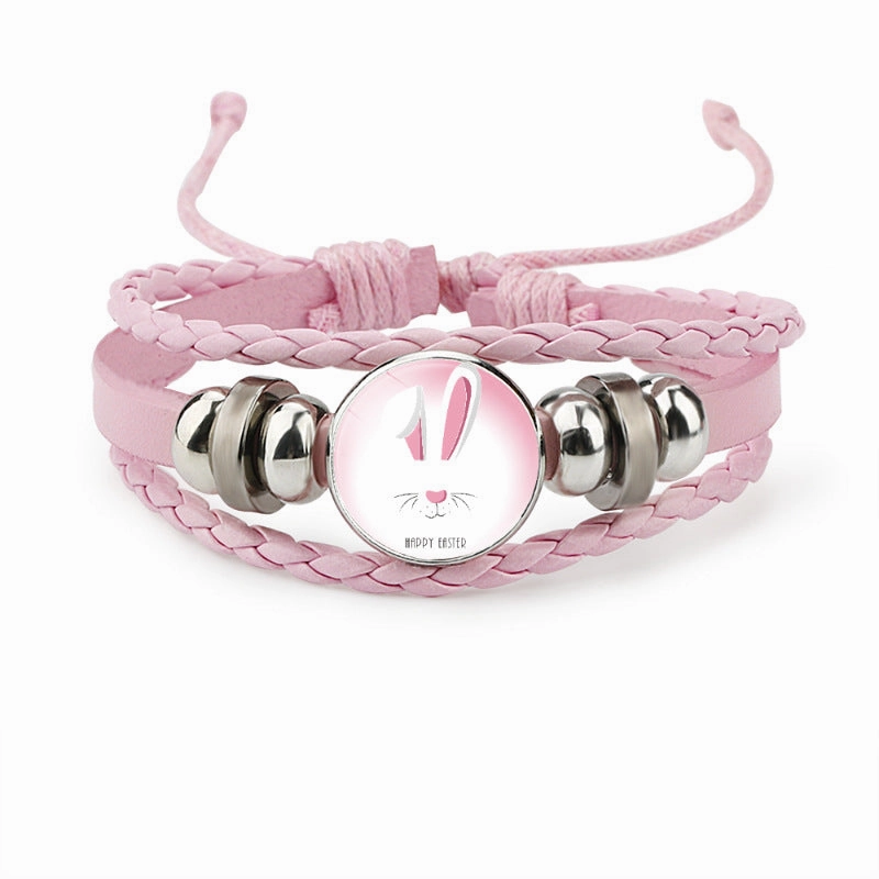 Wholesale Easter Rabbit Time Gemstone Pink Leather Multi Layer Woven Bracelet