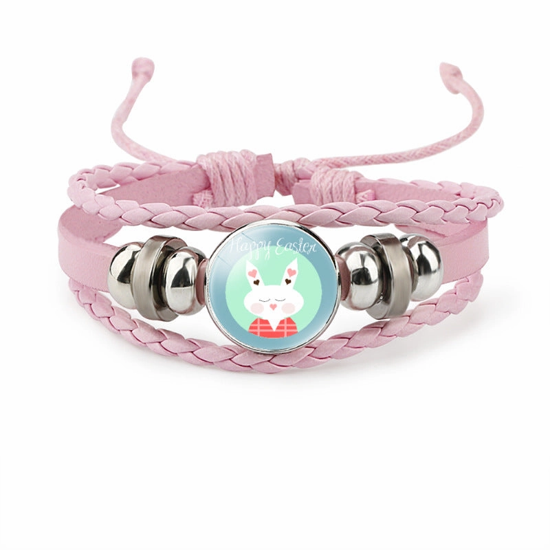 Wholesale Easter Rabbit Time Gemstone Pink Leather Multi Layer Woven Bracelet