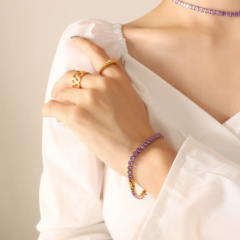 Wholesale elegant temperament solid color diamond zircon inlaid necklace bracelet jewelry set