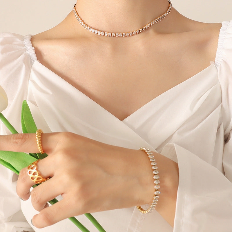 Wholesale elegant temperament solid color diamond zircon inlaid necklace bracelet jewelry set