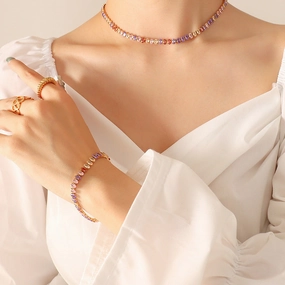 Wholesale elegant temperament solid color diamond zircon inlaid necklace bracelet jewelry set