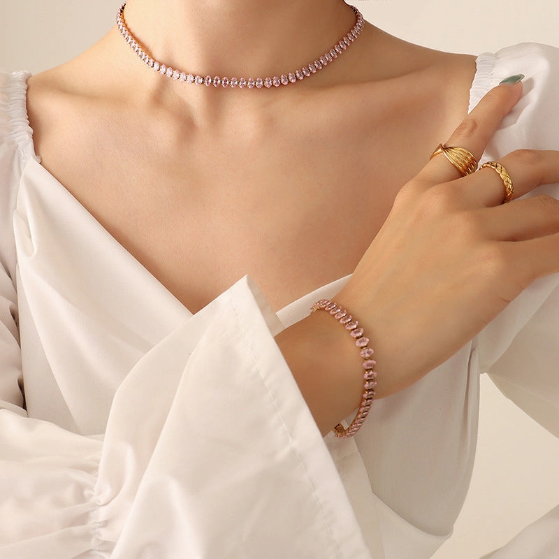 Wholesale elegant temperament solid color diamond zircon inlaid necklace bracelet jewelry set