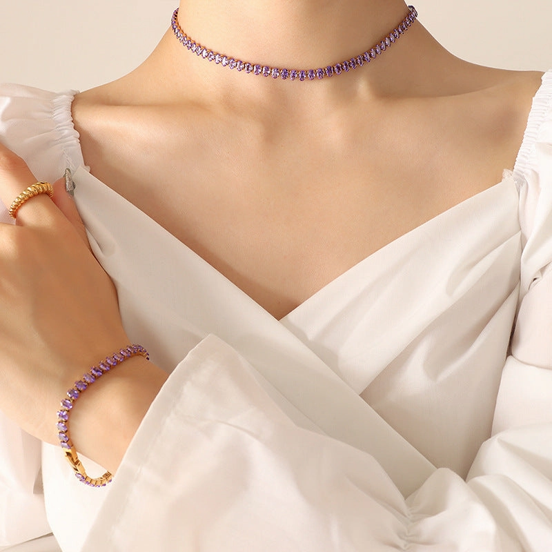 Wholesale elegant temperament solid color diamond zircon inlaid necklace bracelet jewelry set
