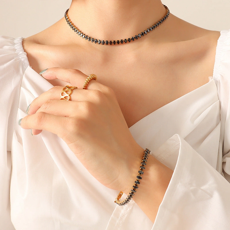 Wholesale elegant temperament solid color diamond zircon inlaid necklace bracelet jewelry set