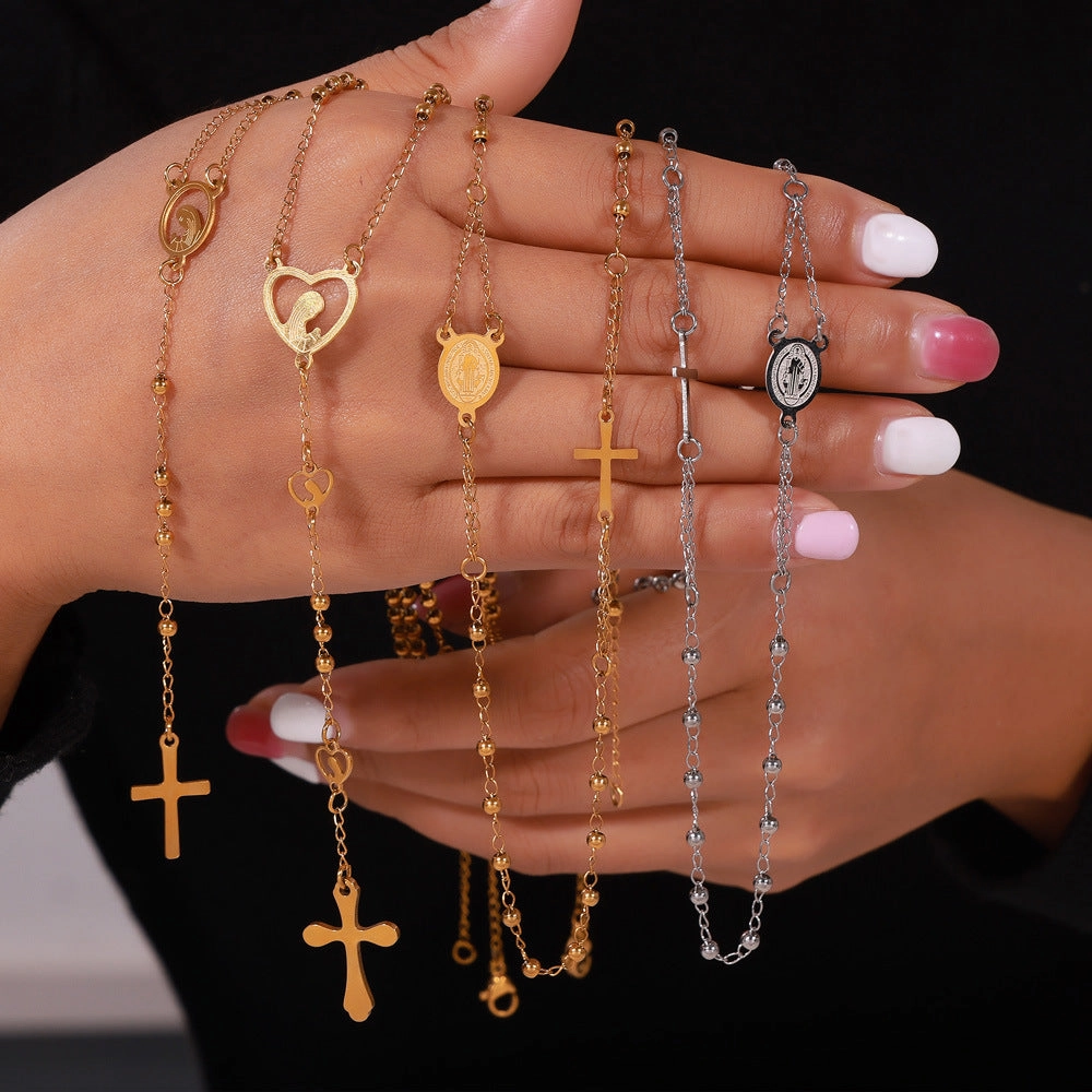 Wholesale Embossed Figure Round Tassel Cross Pendant Titanium Steel Necklace