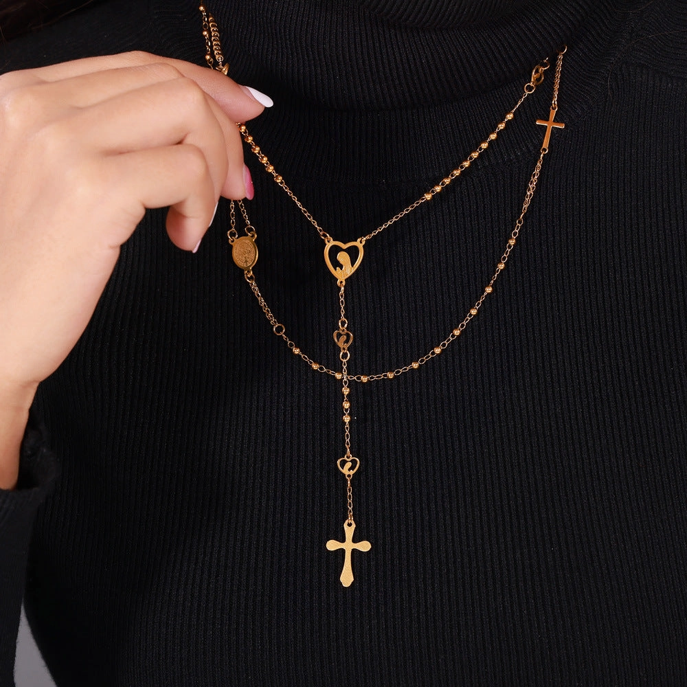 Wholesale Embossed Figure Round Tassel Cross Pendant Titanium Steel Necklace