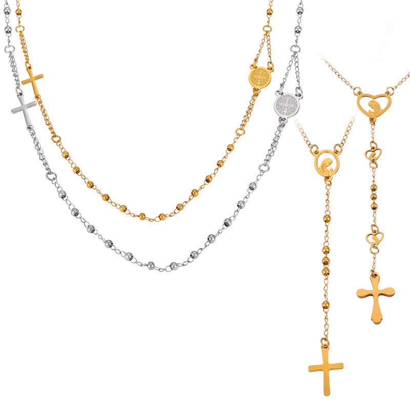 Wholesale Embossed Figure Round Tassel Cross Pendant Titanium Steel Necklace