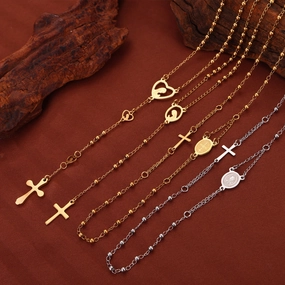 Wholesale Embossed Figure Round Tassel Cross Pendant Titanium Steel Necklace